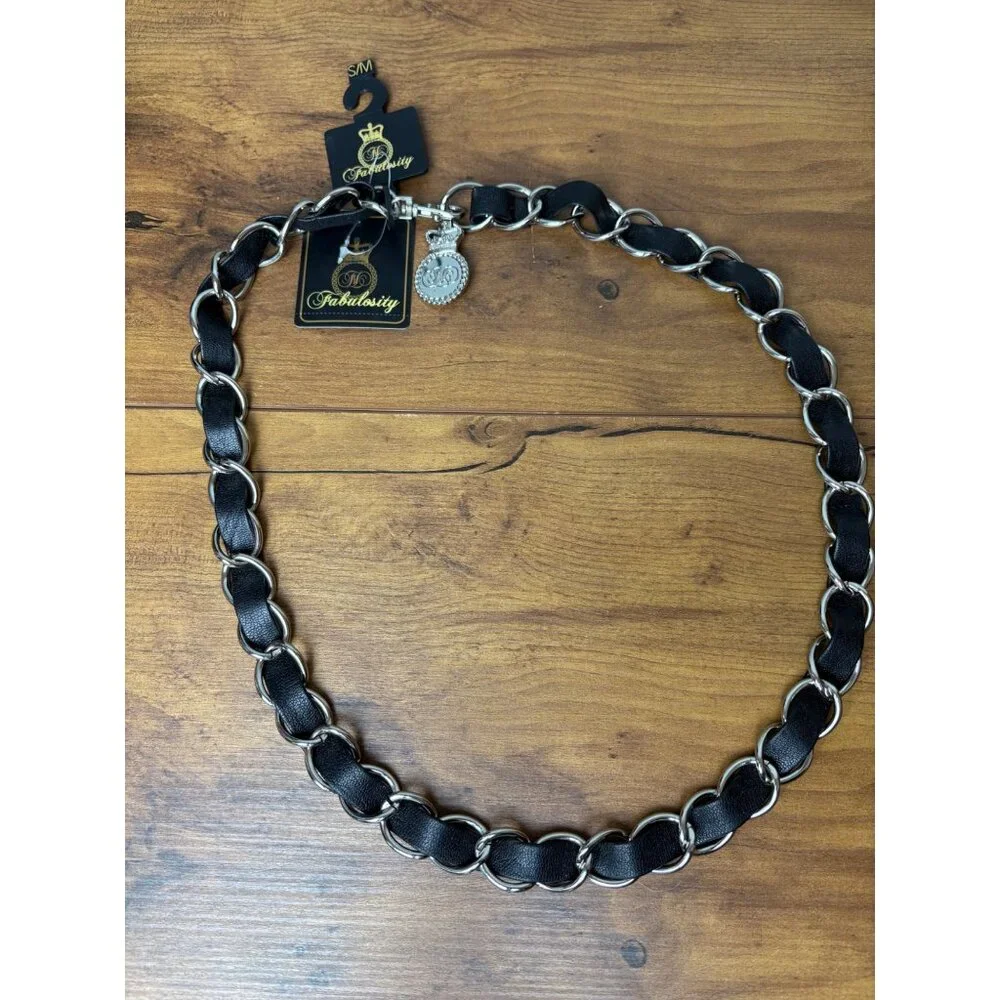 Y2K NEW Fabulosity Black Silver‎ Chain Link Belt Faux Leather Crown S/M Goth